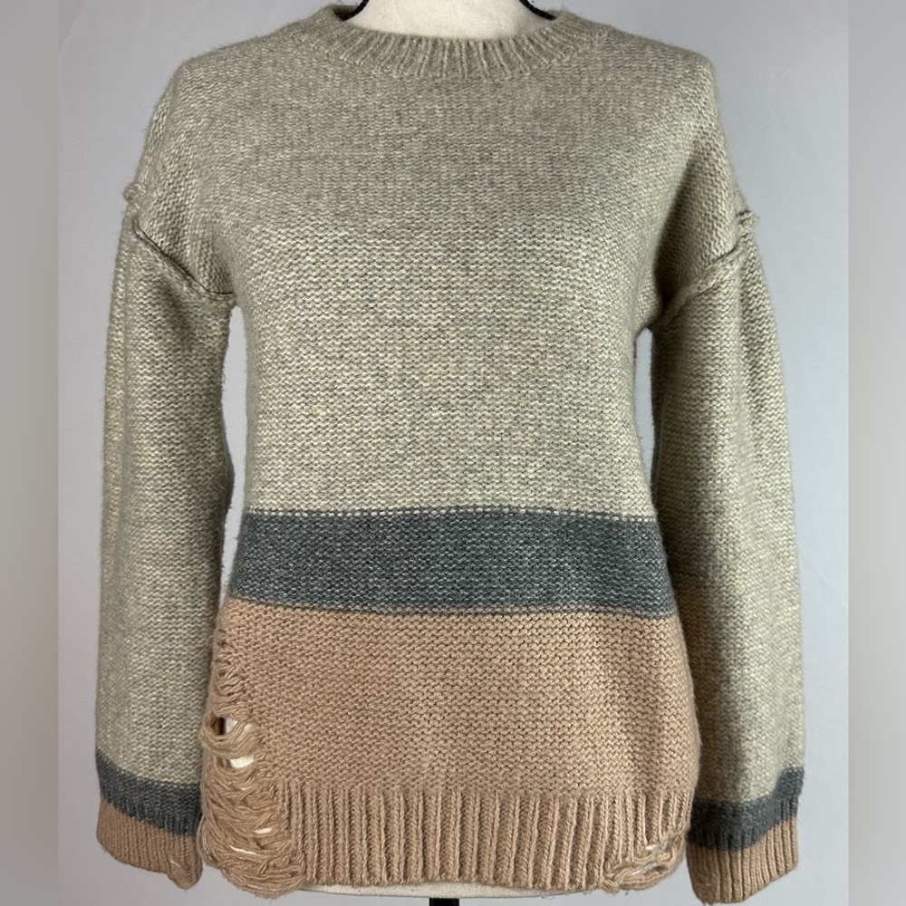 Light brown Hem & Thread sweater with a distressed hem and sleeve - size S